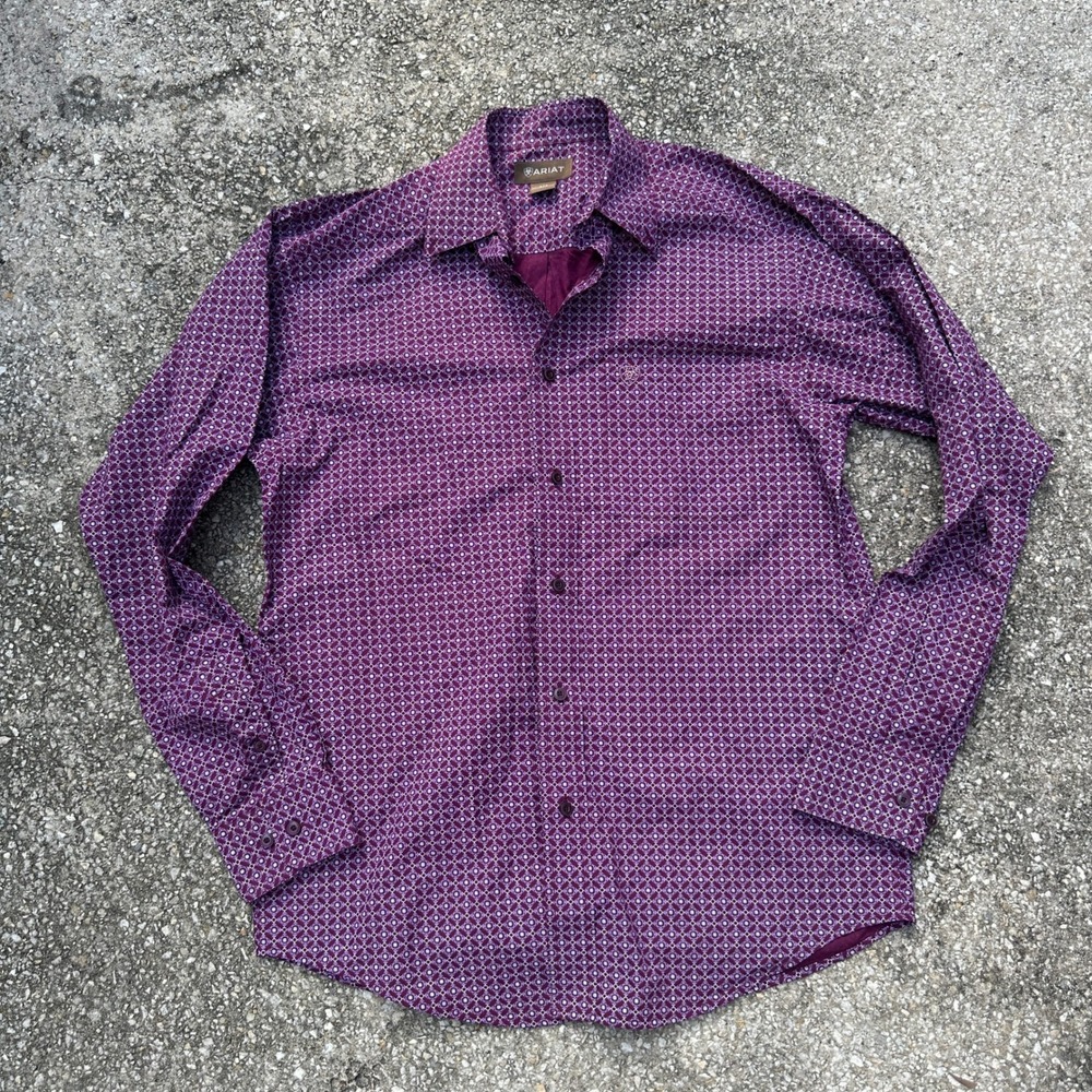 Ariat Mens Purple Geometric Medallion Print Button Down Shirt Small Long Sleeve